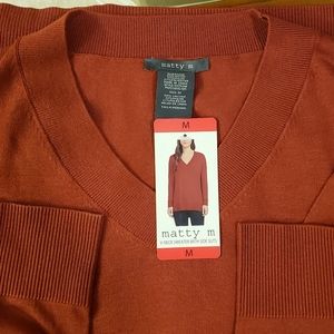 NWT Matty M Ladies' V-Neck Sweater Burnt Orange/Brick Size Medium